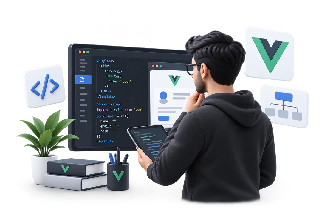 Иллюстрация обучения по теме «Vue.js»