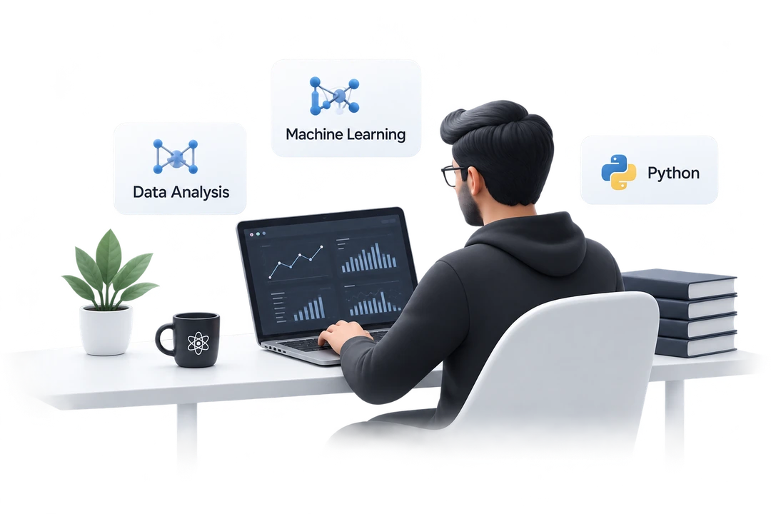 Специалист по Data Science анализирует данные на ноутбуке: Data Analysis, Machine Learning и Python